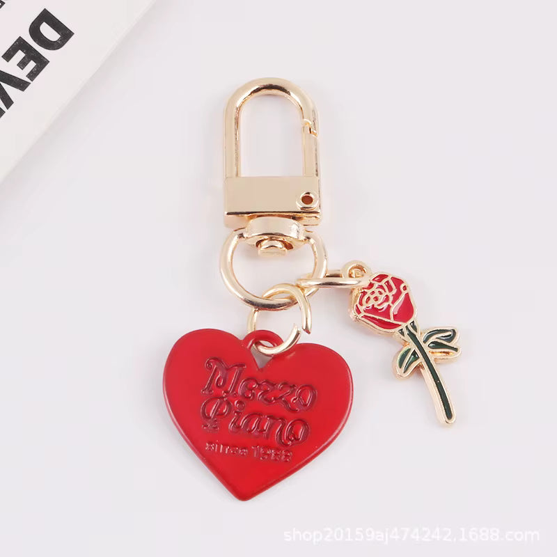 Chic Heart & Rose Keychain Charm Set of 2